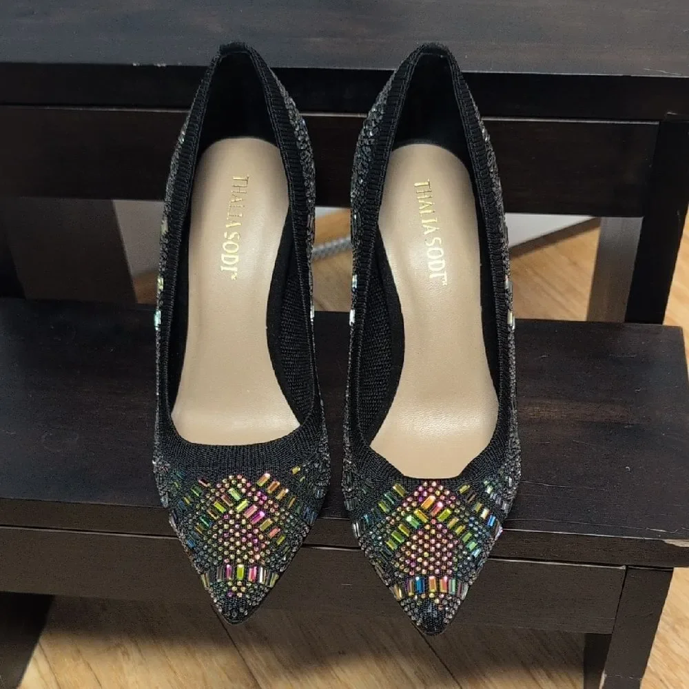 Thalia Sodi Black Stiletto Heels Vibrant Multicolor Rhinestones Size 5.5 NEW